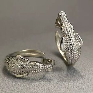 Alligator Silver Textured Hoop Statement Earrings